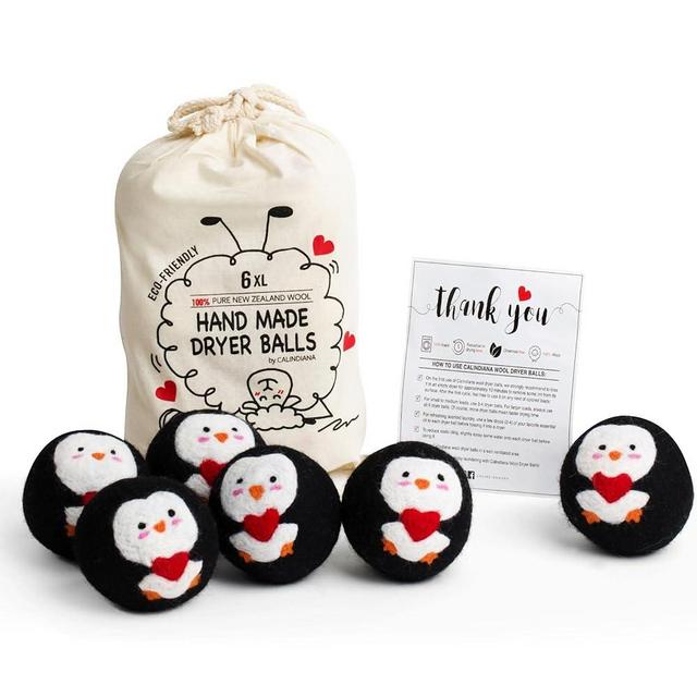 Calindiana 100% Organic Premium New Zealand Wool Dryer Balls Laundry Reusable Fabric Softener, Cute Dryer Sheets Alternative, Anti Static XL Size 6 Pack, Black Penguin