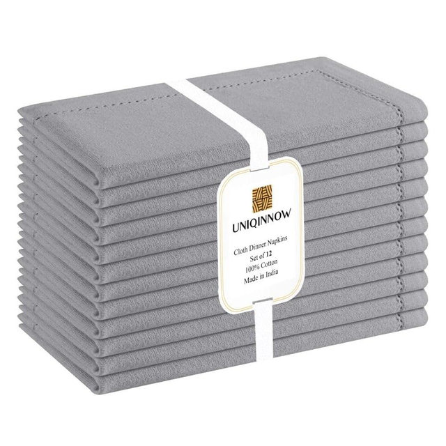 UNIQINNOW Set of 12 Hemstitch Cloth Dinner Napkins Cotton - Soft Durable Washable - Ideal for Farmhouse Party Wedding Christmas Easter - Perfect Everyday Use Table Linen Cloth Napkins 18x18 Grey