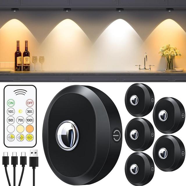 WILLED Puck Lights with Remote Control, Rechargeable Closet Lights, 1200mAh Battery Operated Tap Lights, Dimmable Push Lights, Wireless Under Cabinet Lights, LED USB Stick On Lights (6 Pack)