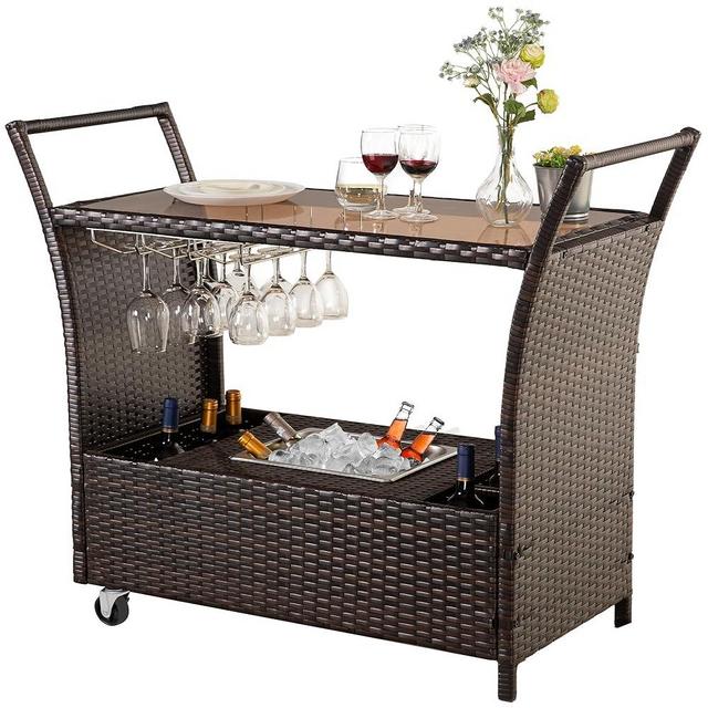 HYDRAGARDEN Outdoor Bar Cart w/Removable Ice Bucket & Wheels, Rolling Wicker Patio Wine Serving Cart w/Glass Top, Rattan Beverage Bar Counter Table for Porch Backyard Garden Poolside Party, Brown