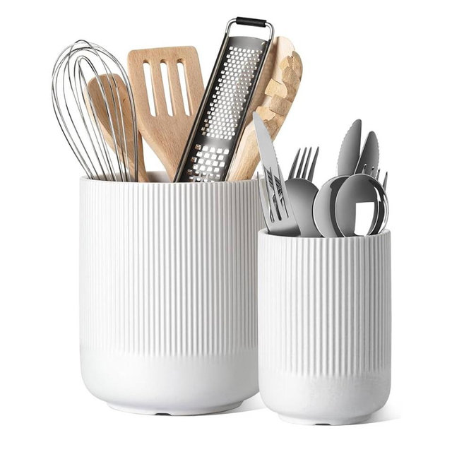 LE TAUCI Utensil Holder, 7.3"+5.4" Ceramic Kitchen Utensil Holder for Countertop, Large Cooking Utensil Crocks for Kitchen Counter, Morden Utensil Organizer for Spatula, Kitchen Decor, Set of 2, White