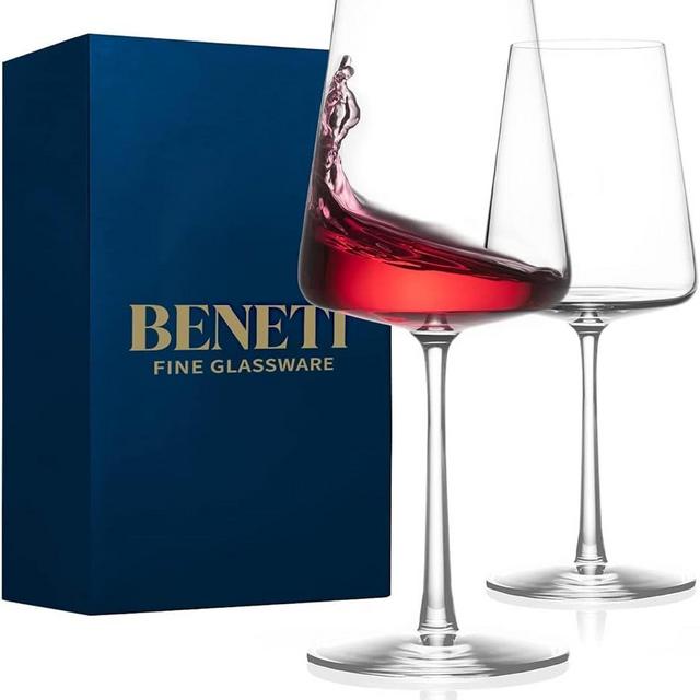 BENETI German Made Wine Glasses Set of 2 | 17oz Handmade Luxury Crystal Red & White Long Stem Wine Glasses | Unique Modern Shape, Packaged In Beautiful Ready-to Gift, Gift Box