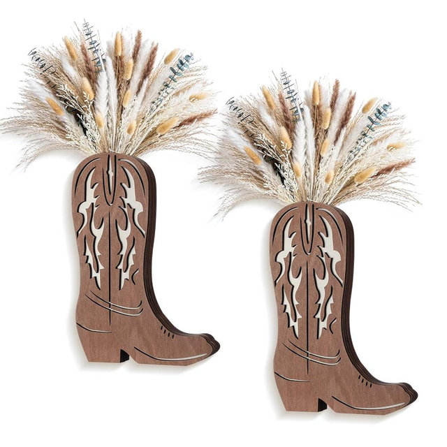 Chunful 2 Pcs Wood Cowboy Boot Vase with 45 Pcs Dried Pampas Grass Flowers 12 x 8'' Western Cowboy Boot Wall Planter Hanging Pocket Flower Vases Faux Greenery Wood Wall Decor for Bathroom Bedroom