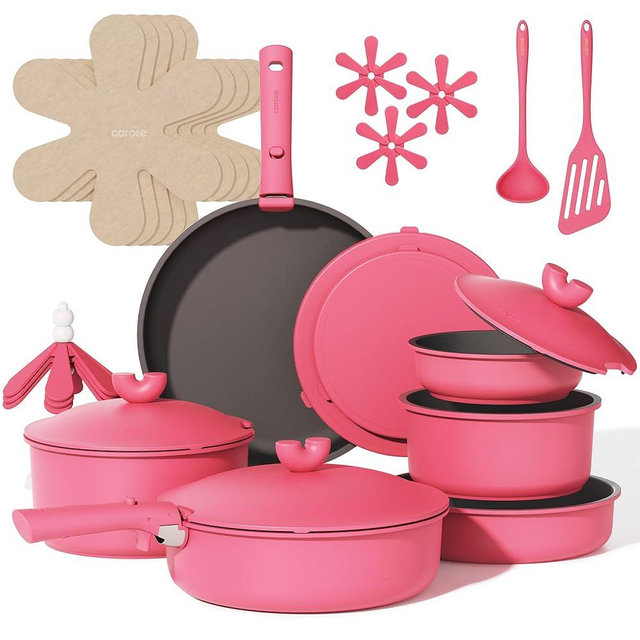 CAROTE 24pcs Pots and Pans Set Non Stick, Nonstick Cookware Set, Oven/Dishwasher/Fridge Safe Pots and Pans, RV Safe Cookware, Induction Kitchen Gift Set Detachable Handle, Pink