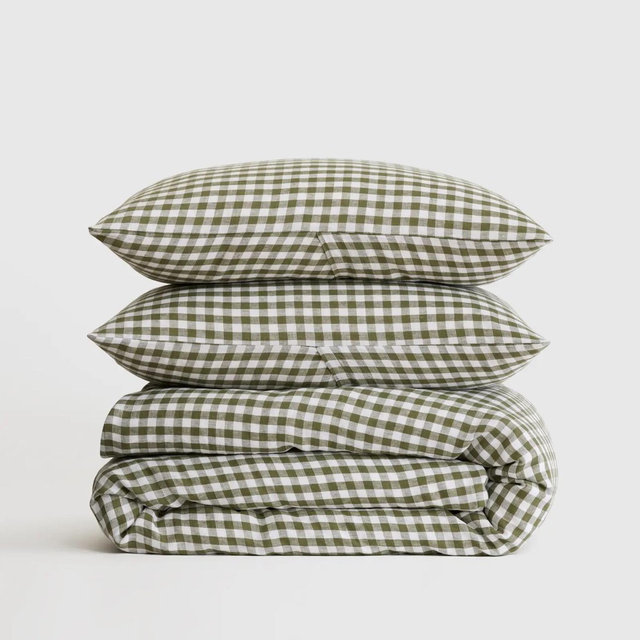 Linen Duvet Cover Set, Olive Gingham, King Size | Quince