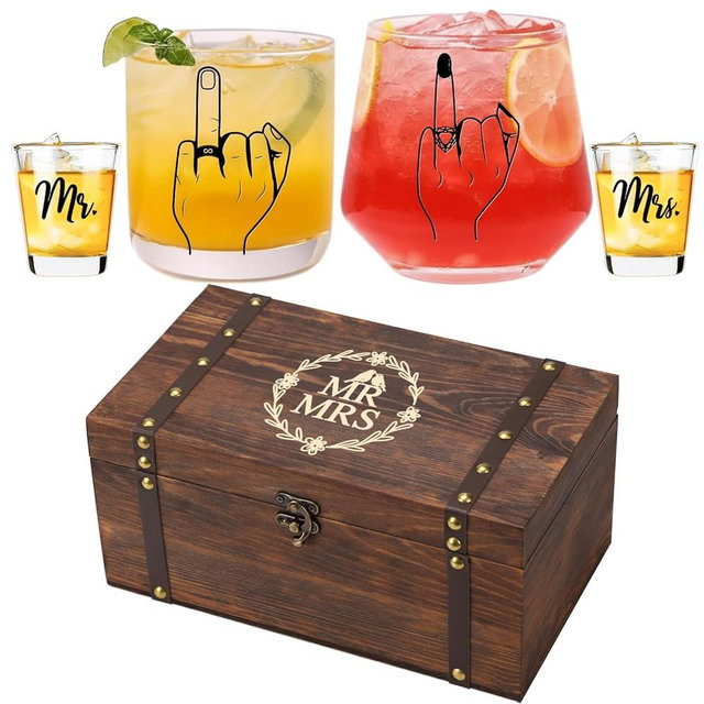Engagement Gift Set for Couples - Ring Finger Wine Glasses, Personalized Mr and Mrs Shot Glasses & Keepsake Box,Unique Bridal Shower & Wedding Gift for Newly Engaged, Mr & Mrs, Bride and Groom