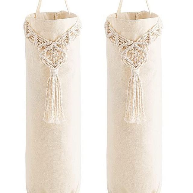 Mkono 2 Pack Small Plastic Bag Holder with Macrame Decor Boho Grocery Trash Bag Storage Dispenser Hanging Bags Organizer for Kitchen Bathroom Bedroom Living Room Office, Ivory, 9”W x 21”L
