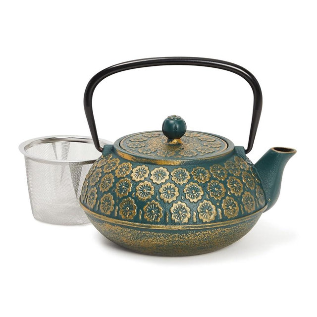 Juvale Cast Iron Tea Kettle with Infuser - 34 oz, Sage Green Floral - Loose Leaf Tea Infuser Pot & Japanese Cast Iron Teapot