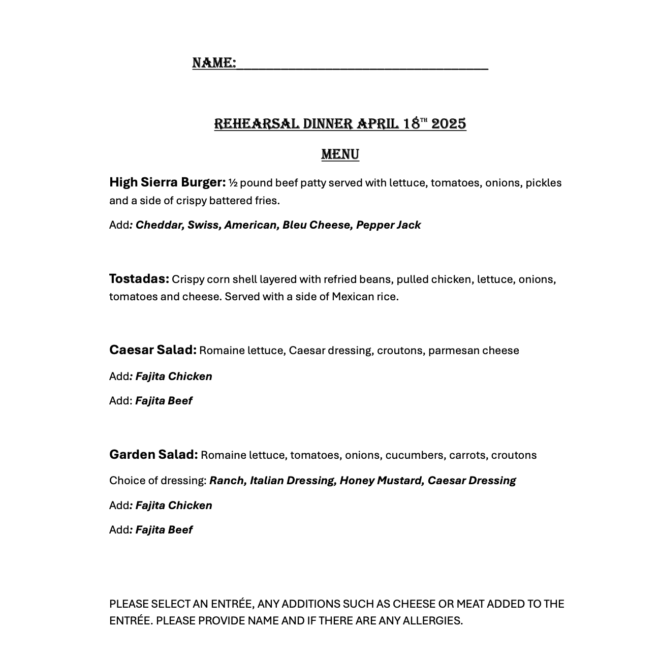 Menu selections for Welcome Dinner