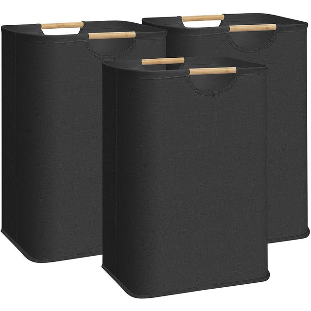STORAGE MANIAC 3-Pack Large Laundry Hamper, 80L (21.1 Gal) Collapsible Laundry Basket with Bamboo Handles, Freestanding Waterproof Clothes Hamper for Laundry Room, Bedroom, Dorm, Towels, Toys, Black