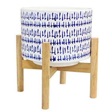Ceramic Plant Pot Wood Stand - 7.3 Inch Modern Round Decorative Flower Pot Indoor with Wood Planter Holder, Blue and White, Home Decor Gift