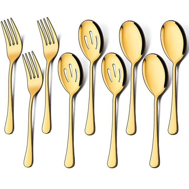 Homikit 3 Pieces Large Gold Serving Spoons, 3 Slotted Serving Spoons and 3 Serving Forks, Stainless Steel Serving Utensils Hostess Set for Catering Buffet, Dishwasher Safe