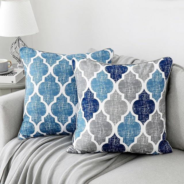 Beauoop Throw Pillowcover Soft Chenille Print Moroccan Geometric 2-Sided Pattern Blue and Gray Decorative Velvet Square Cushion Covers Standard Pillowcase Couch Sofa Bed Men/Women 18x18 Inch, Set of 2