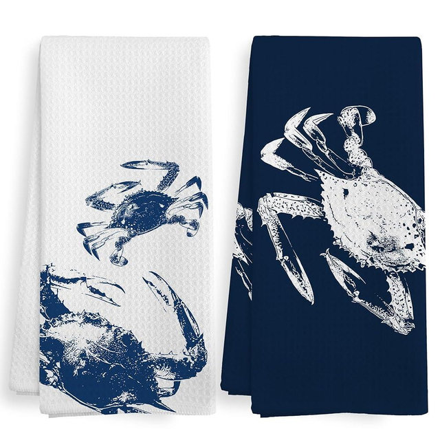 XNXLDYLH Coastal Crab Beach Decor Dish Hand Tea Towels for Bathroom Kitchen, Blue Crab Ocean Nautical Beachy Bathroom Decor, Coastal Nautical Kitchen Towels and Dishcloths Sets of 2, 16x24 Inches