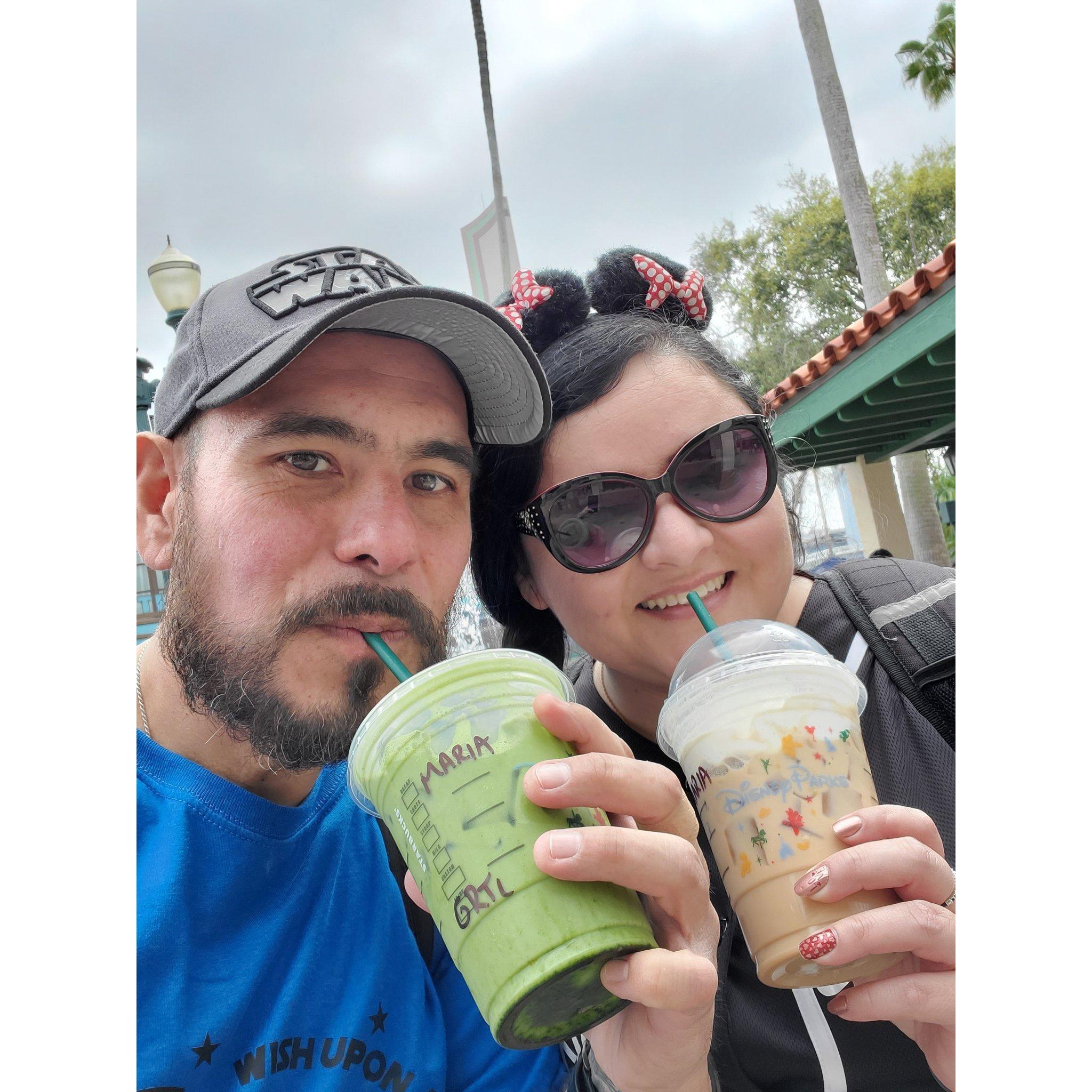 Enjoying Starbucks in Disney World