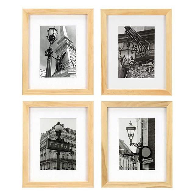 ONE WALL Tempered Glass 8x10 Picture Frame Solid Wooden Frame Set of 4 with Mats for 5x7 Photo - Natural Wood Color Frames for Wall Mounting or Tabletop - Mounting Hardware Included