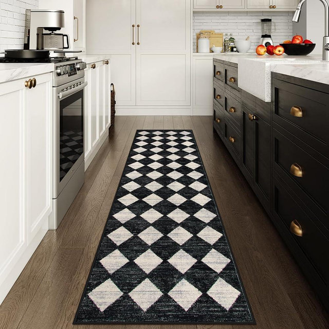 Lahome Checkered Washable Rug Runners for Hallways Non Slip,2x10 Black Kitchen Bathroom Runner Rug,Trellis Low Pile Indoor Carpet Runner for Bedroom Entryway Foyer(2'x10',Black)