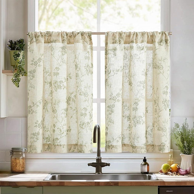 jinchan Floral Kitchen Curtains 36 Inch Linen Tier Curtains Farmhouse Cafe Half Window Drapes Over Sink Light Filtering for Living Room Laundry RV Rod Pocket 2 Panels Sage Green on Beige