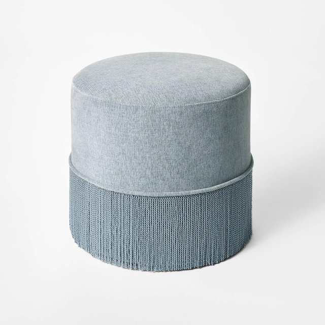 Upholstered Drum Ottoman with Fringe Light Blue - Threshold™ designed with Studio McGee