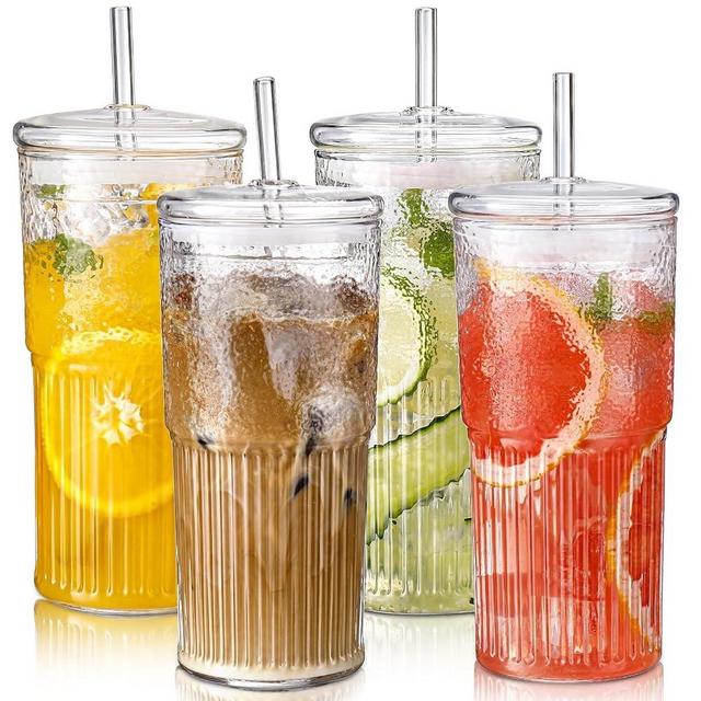 DWTS DANWEITESI Glass Cups with Lids and Straws 4 Pcs,20oz Glasses Drinking Set Vintage Textured Clear Iced Coffee Cups with Lids,Reusable Glass Tumbler with Straw and Lid for Coffee Bar Accessories