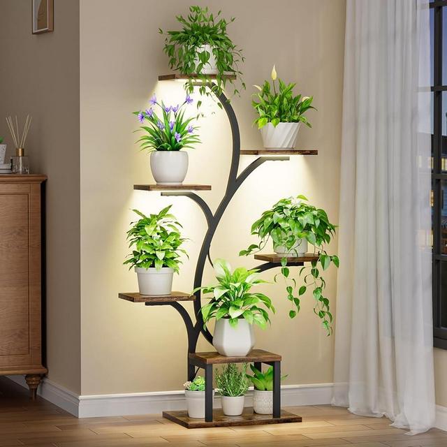 BACEKOLL Plant Stand Indoor with Grow Lights, 7 Tiered Indoor Plant Shelf, 49" Corner Plant Stands for Indoor Plants, Metal Plant Flower Display Shelves, Tree-Shaped Plant Rack for Home, Patio, Black