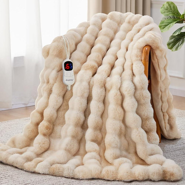 Anysay Heated Blanket Queen Size with 1/2/4/6/8 Hours Auto-Off 10 Heat Level, 72'' * 84'' Cozy Faux Rabbit Fur Bubble Electric Blanket with Overheat Protection(Tie-Dye Beige)