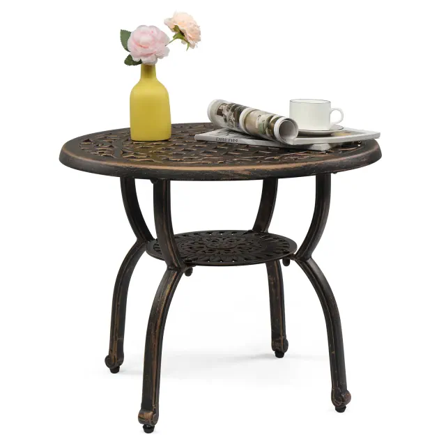 KTMBDW Cast Aluminum Outdoor Round Side Table, Small Patio Table, Outdoor Coffee Tables for Patio, Garden, Balcony for All Weather, Bronze