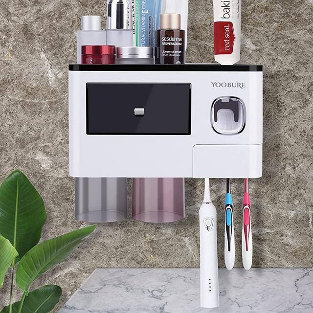 Toothbrush Holders Wall Mounted, Yoobure Automatic Toothpaste Dispenser Set for Bathrooms, Multifunctional Bathroom Organizer Holder with Cosmetic Drawer, 2 Magnetic Cups and 6 Toothbrush Slots