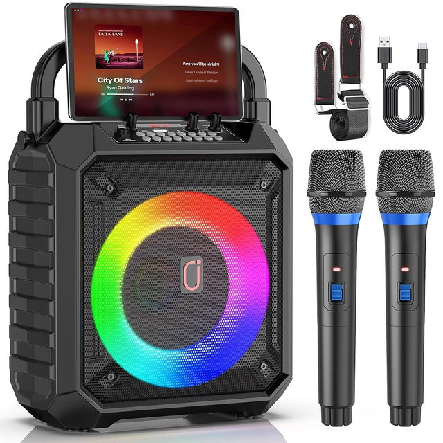 HWWR Karaoke Machine for Adults & Kids, Portable Bluetooth Karaoke Speaker with 2 Microphones & DJ Lights for Home Party Outdoor, Karaoke Microphone Wireless PA System Supports USB/AUX-in/REC