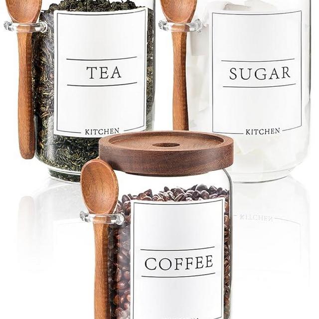 KOSKIMER Coffee and Sugar Container Set, Glass Coffee Jars with Wooden Lids and Scoops, Decorative Sugar Tea Creamer Canisters for Kitchen Countertop (25oz)