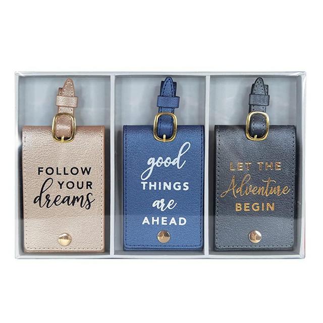 Graphique Passport Case and Luggage, Three Different Quotes – 2.5” x 5.75” Luggage Tags – Perfect for Keeping Your Items Safe and Secure with Gold Metal Hardware