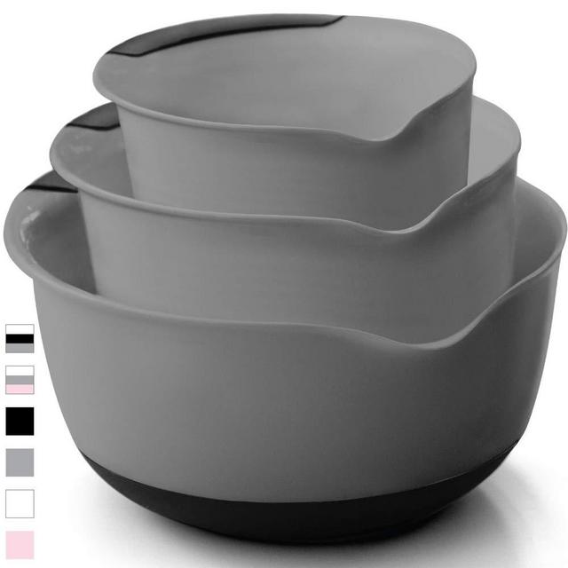 Gorilla Grip Original Mixing Bowls Set of 3, Slip Resistant Bottom, Includes 5 Qt, 3 Qt, and 1.5 Quart Nested Bowl, Dishwasher Safe, Grip Handle for Easy Mix, Pour Spout, Baking 3 Piece Set, Gray