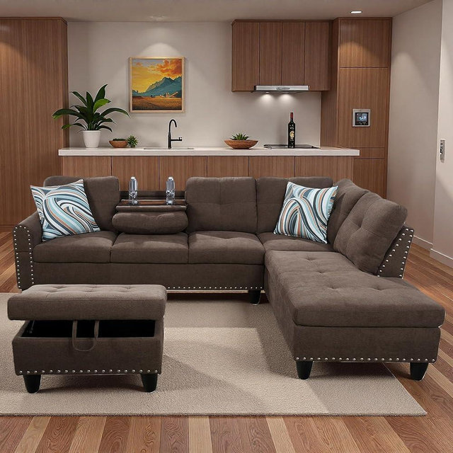 Topcomfy Sectional Couches for Living Room with Movable Chaise & Storage Ottoman - 97.5" Linen L Shaped Couches for Living Room Apartment, Home Modular Sectional Sofas with Cup Holder, Coffee