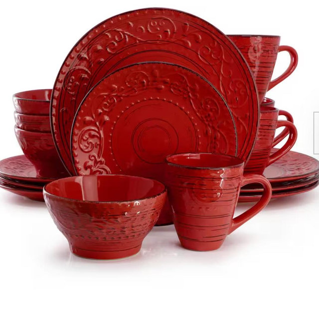 Elama Pacifica Poppy 16-Piece Dinnerware Set in Red