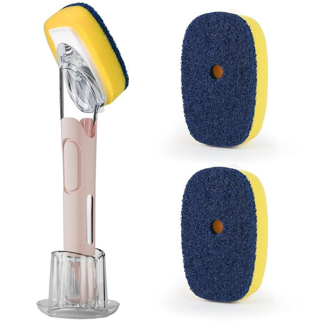 Dish Brush with Soap Dispenser Storage Set with 2 PCS Sponge Refills & Holder, Soap Dispensing Dish Brushes, Sponge with Soap Dispenser Handle, Dish Sponges with Handle for Dishes Pans Pots Sink
