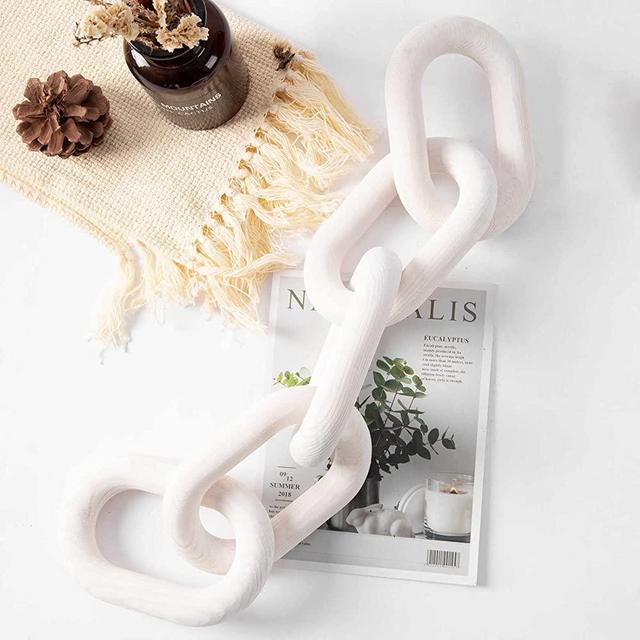 Wood Chain Link Decor Modern Decorative Wood Chain Link 5 Link Pine Wood Knot Boho Decorations for Aesthetic Room Decor Modern Farmhouse Decor Coffee Table Shelf Wall Decor (White)