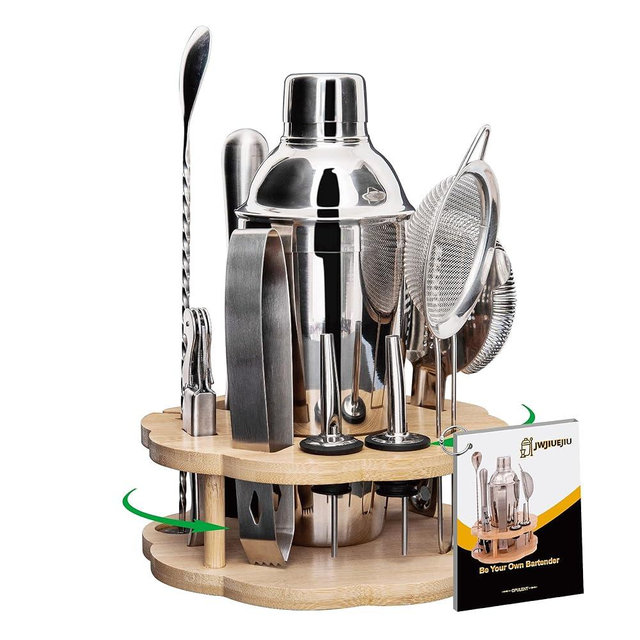 JWJIUEJIU Cocktail Shaker Set Bartender Kit with Rotating Bamboo Stand,11 Piece Bar Set Stainless Steel Bar Tools Set with Recipes Booklet (Silver)