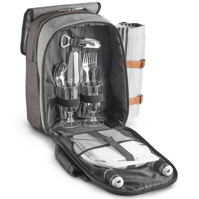 VonShef 2 Person Premium Picnic Backpack With Blanket – Woven Grey Finish, Includes 17 Piece Dining Set & Cooler Compartment to Keep Food Chilled