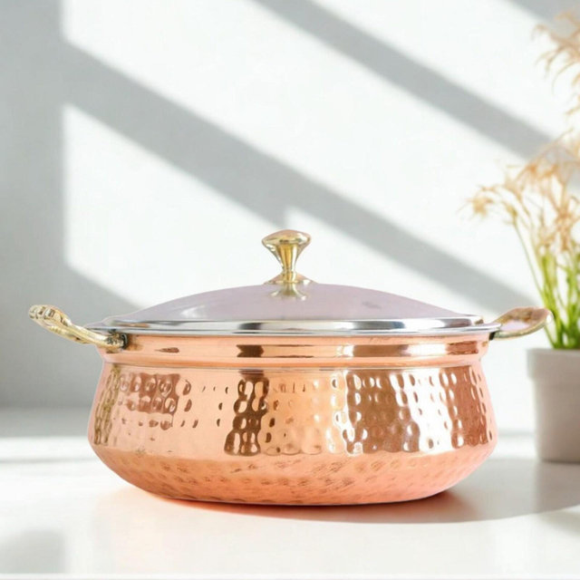 Steel Copper Hammered Casserole with Brass Handles & Glass Lid Traditional Indian Serve ware Bowl Indian Handcrafted Steel Copper Cookware
