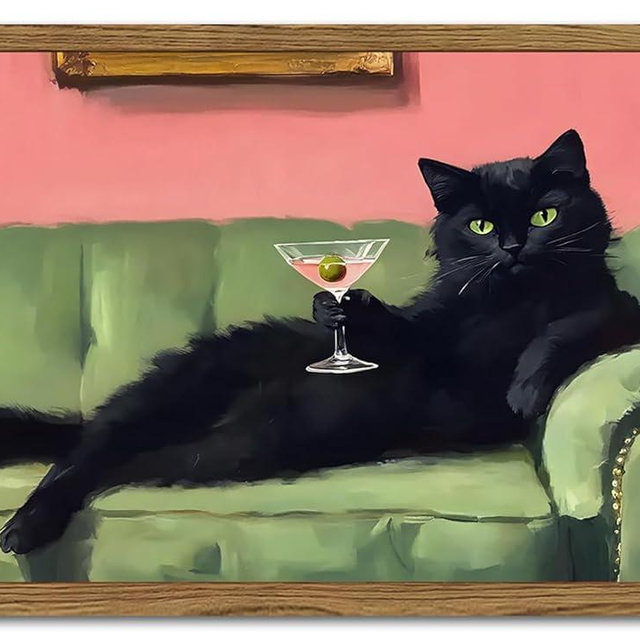 Funny Black Cat Martini Wall Art, Bar Cart Decor, Eclectic Cocktail Painting Canvas Print, Cute Animal Artwork Picture for Bedroom Living Room Kitchen 12x16 inch Wood Framed