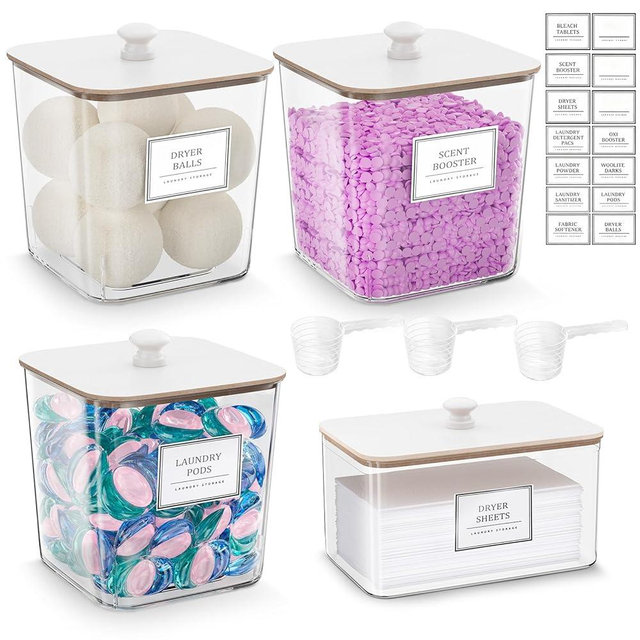 Laundry Pods Storage Container, Clear Laundry Room Organization and Storage,Detergent Powder Container,with Wooden Lids & Labels, 3+1 Pack（White）