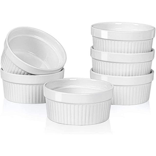 Delling 12 Oz Ramekins - Creme Brulee Ramekins Oven Safe, 6 PACK Porcelain Souffle Dish for Baking, Soup Bowls for French Onion Soup, White