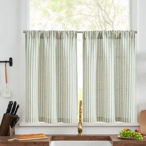 jinchan Striped Linen Kitchen Curtains 30 Inch Length Pinstripe Farmhouse Cafe Tier Curtains for Living Room Bathroom Rustic Half Window Light Filtering Rod Pocket Small Drapes 2 Panels Sage Green