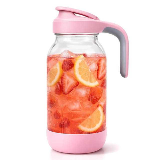 Sursip 64 oz Glass Pitcher with Pour Spout Lid, 2 Quart Mason Jar Pitcher for Fridge Airtight & Leakproof - Wide Mouth Non-Slip Water Pitcher for Cold Brew Coffee, Juice,Lemonade - Pink