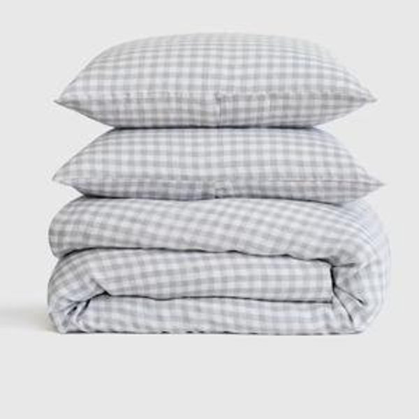 European Linen Gingham Duvet Cover Set, Blue Fog, King