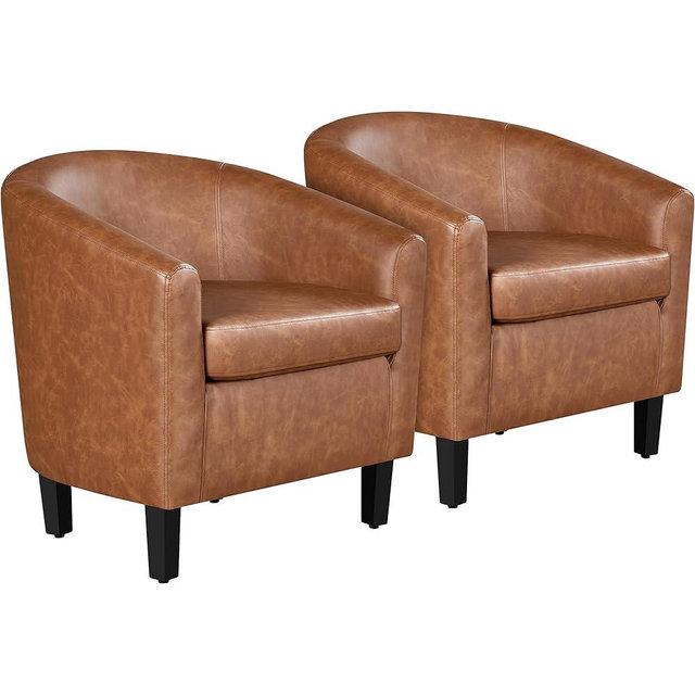 Yaheetech Modern Accent Chair, Faux Leather Barrel Chair Comfy Club Chairs Modern Armchair with Soft Seat for Living Room Bedroom Reading Room Waiting Room, Brown, 2 pcs
