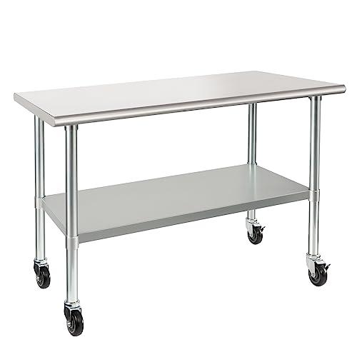 HARDURA Stainless Steel Table with Wheels 24 x 48 Inches Casters NSF Heavy Duty Commercial Work & Prep Table with Undershelf and Galvanized Legs for Restaurant Kitchen Bar and Hotel Garage