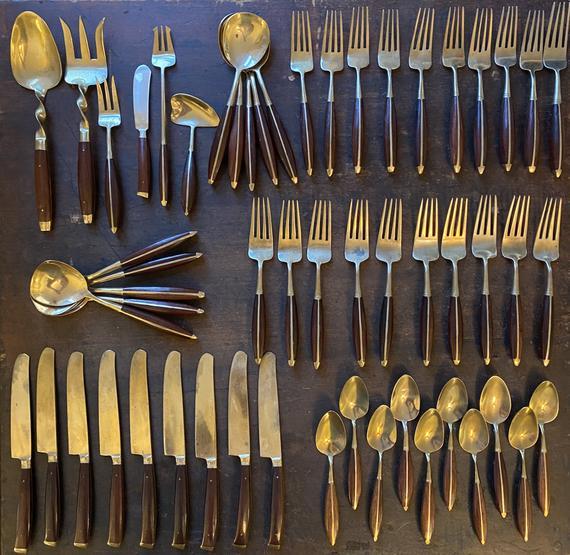 Gorgeous Vintage Mid-Century Modern Flatware - Set of 55 - Great Condition Danish Modern Utensils Metal and Wood Fork Knife Spoon