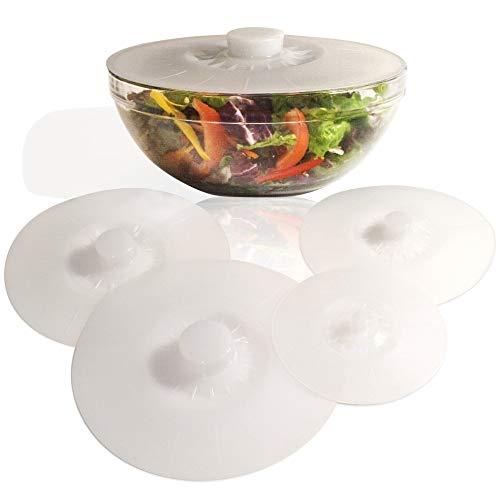 Silicone Bowl Lids White, Set of 5 Reusable Suction Seal Covers for Bowls, Pots, Cups. Food Safe. Natural grip, interlocking handles for easy use and storage.