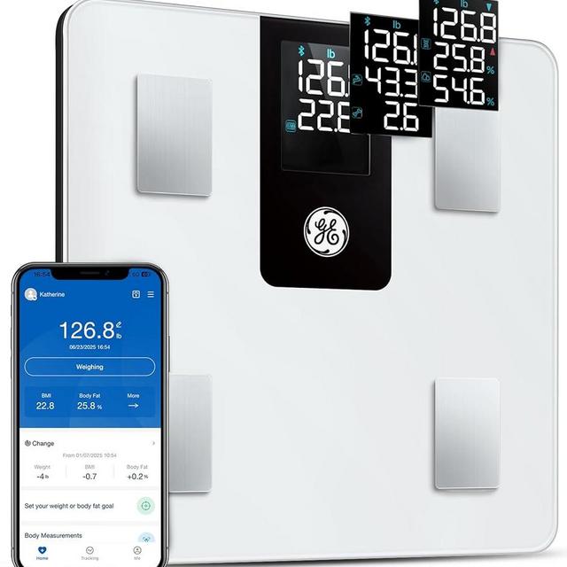 GE Smart Scale for Body Weight BMI Fat Muscle Mass with All-in-one LCD Display, Digital Bathroom Weight Scale Bluetooth Body Composition Monitor with App, Accurate Weighing 400lb White